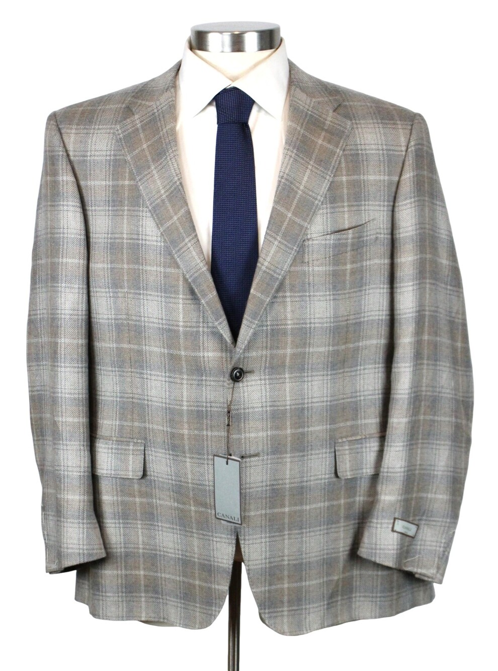 Canali Cashmere Sport Coat 48 R fits 46 (58 EU) Mens Grey Beige Plaid Blazer